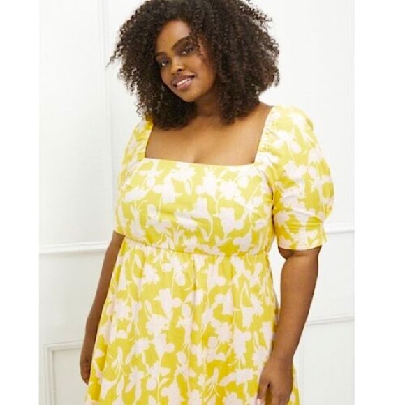 Eloquii Elements Yellow & Pink Floral Puff Sleeve Square Neck Midi Dress NWT 26 - Picture 3 of 8